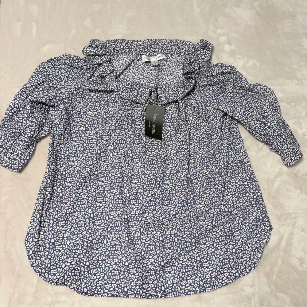 NWT Sara Campbell Floral Ruffle Neck Blouse Women Blue Size M Organic Cotton USA